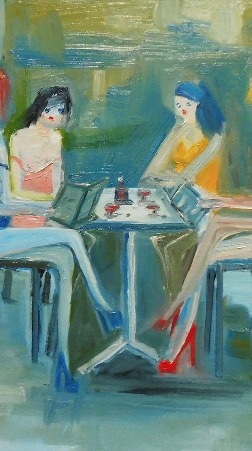 GIRLS PRETTY FASHION MODELS, RED WINE, RESTAURANT, Blue Pink Yellow Red Dresses. Original Female Figurative Oil Painting. Varnished. by Tim Taylor