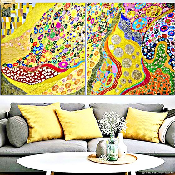 2 pieces 200х100 cm Abstract painting large wall art colorful vivid relief Klimt inspired diptych