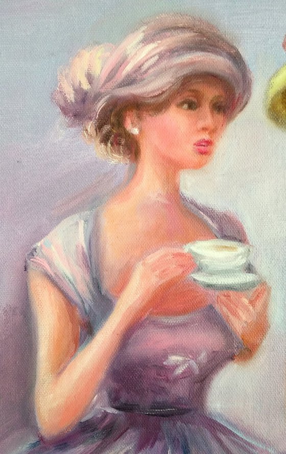 Cafe Scene Restaurant Art Women's Talk Tea for two Friends Secrets Beautiful Girl in Hats