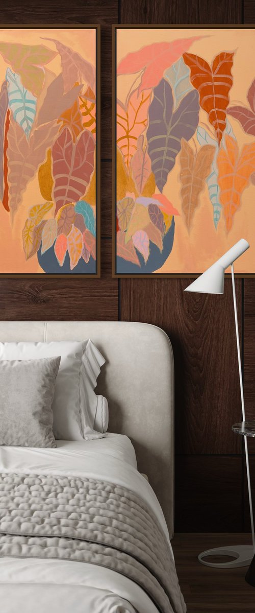 ‘Burnt Coral Alocasia and Begonia’ diptych by Kathryn Sillince