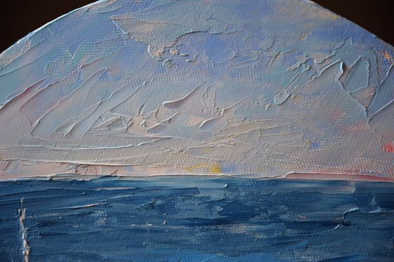 Round oil painting with palette knife Mediterranean Sea