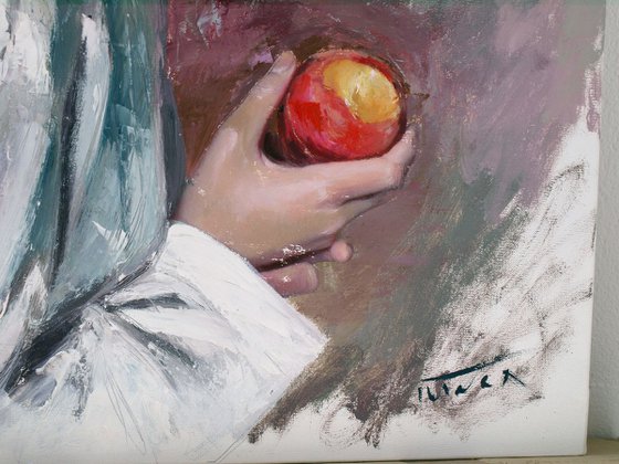 Young woman eating a peach (L'une 91)