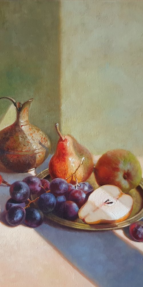 "Fruits and a small brass jug."  still life summer grape pear white liGHt original painting  GIFT (2020) by Anna Bessonova (Kotelnik)
