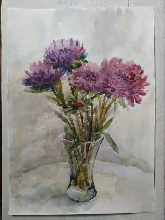 Asters in vase. Original watercolour painting.
