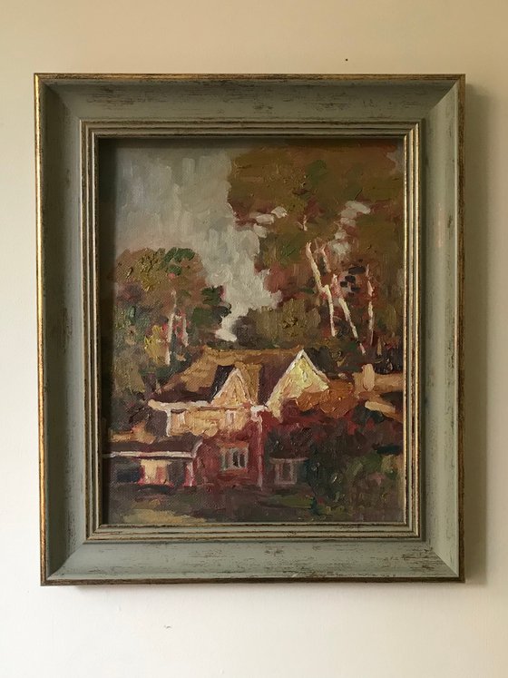 Original Oil Painting Wall Art Artwork Signed Hand Made Jixiang Dong Canvas 25cm × 30cm Golden Autumn small building Impressionism