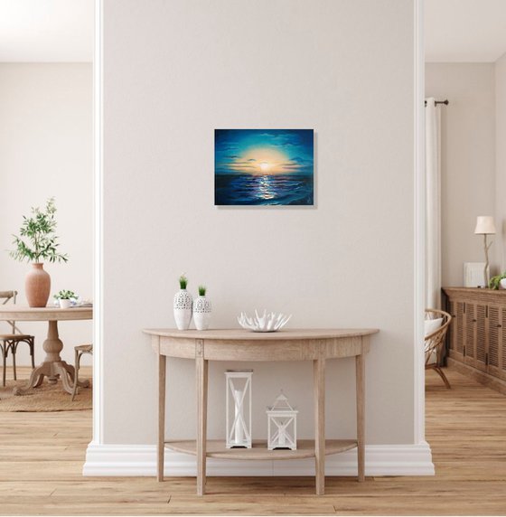 Southern sunset, Seascape Painting Ocean Original Art Night Sky Artwork Sunset Wall Art 45x35 cm ready to hang.