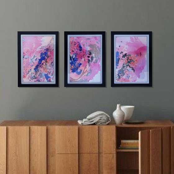 Set of 3 Fluid abstract original paintings on paper A4 - 18J009