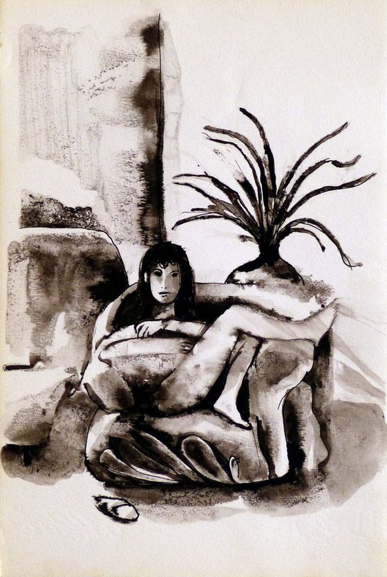 Sitting Nude, Drawing 24x16cm, b&w