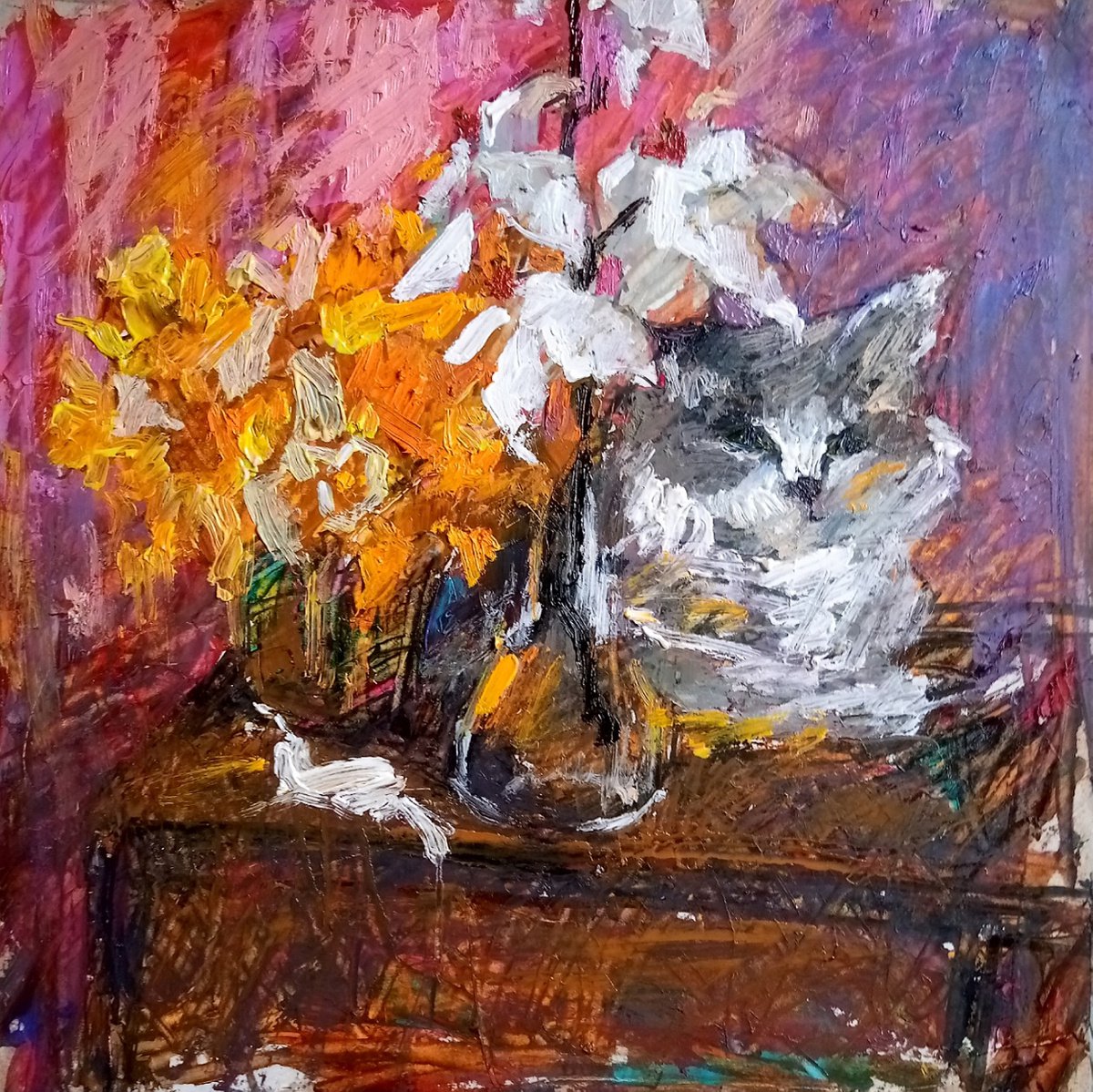 Cat, daffodils, magnolia by Valerie Lazareva