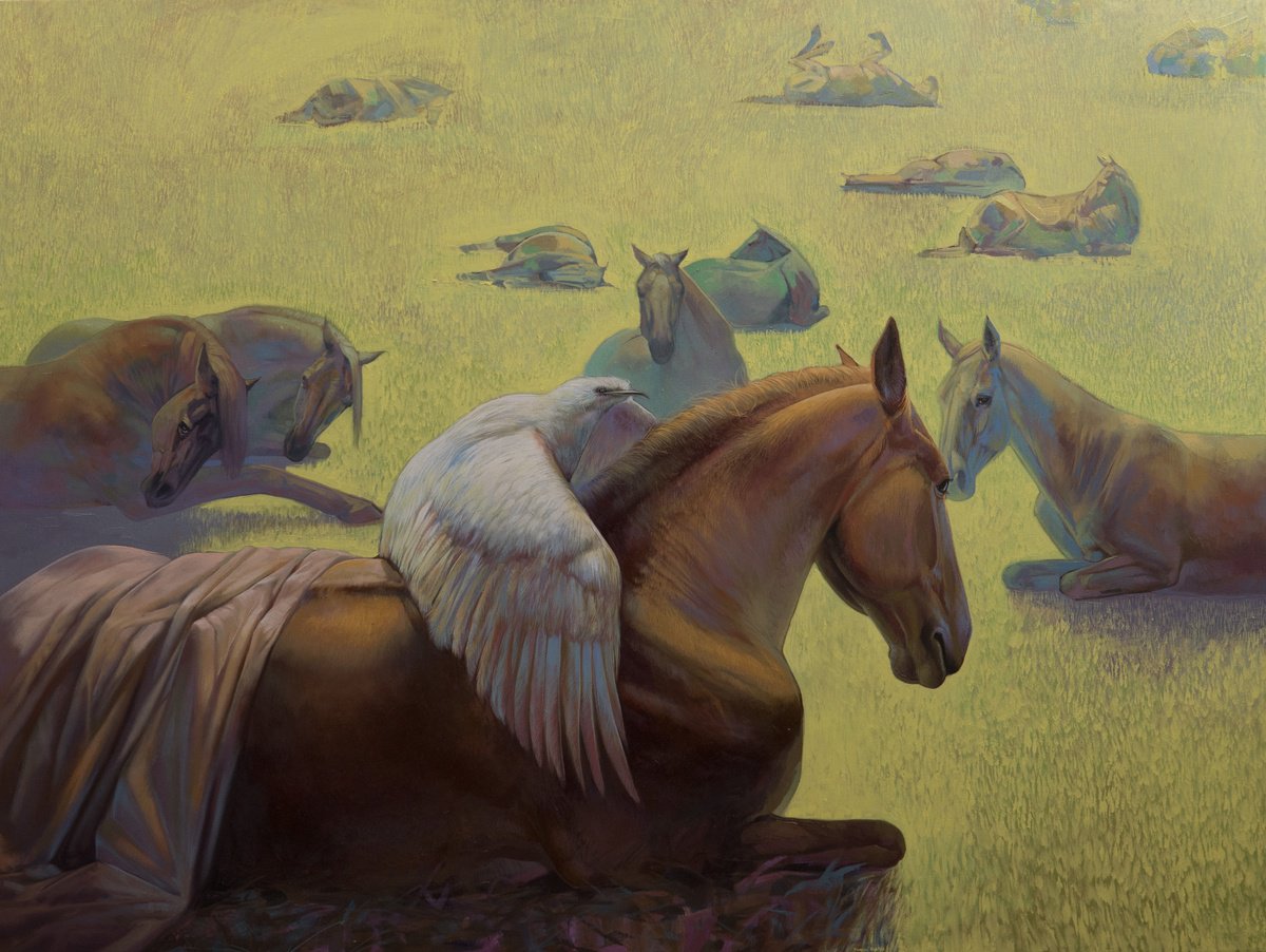 Surrealistic Animal Oil Painting By Anastasia Parfilo, 47 X 35, Fallen Angel, Original Artwork