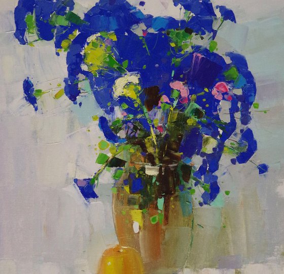 Vase of Blue Flowers, Oil painting, One of a kind, Signed, Handmade artwork