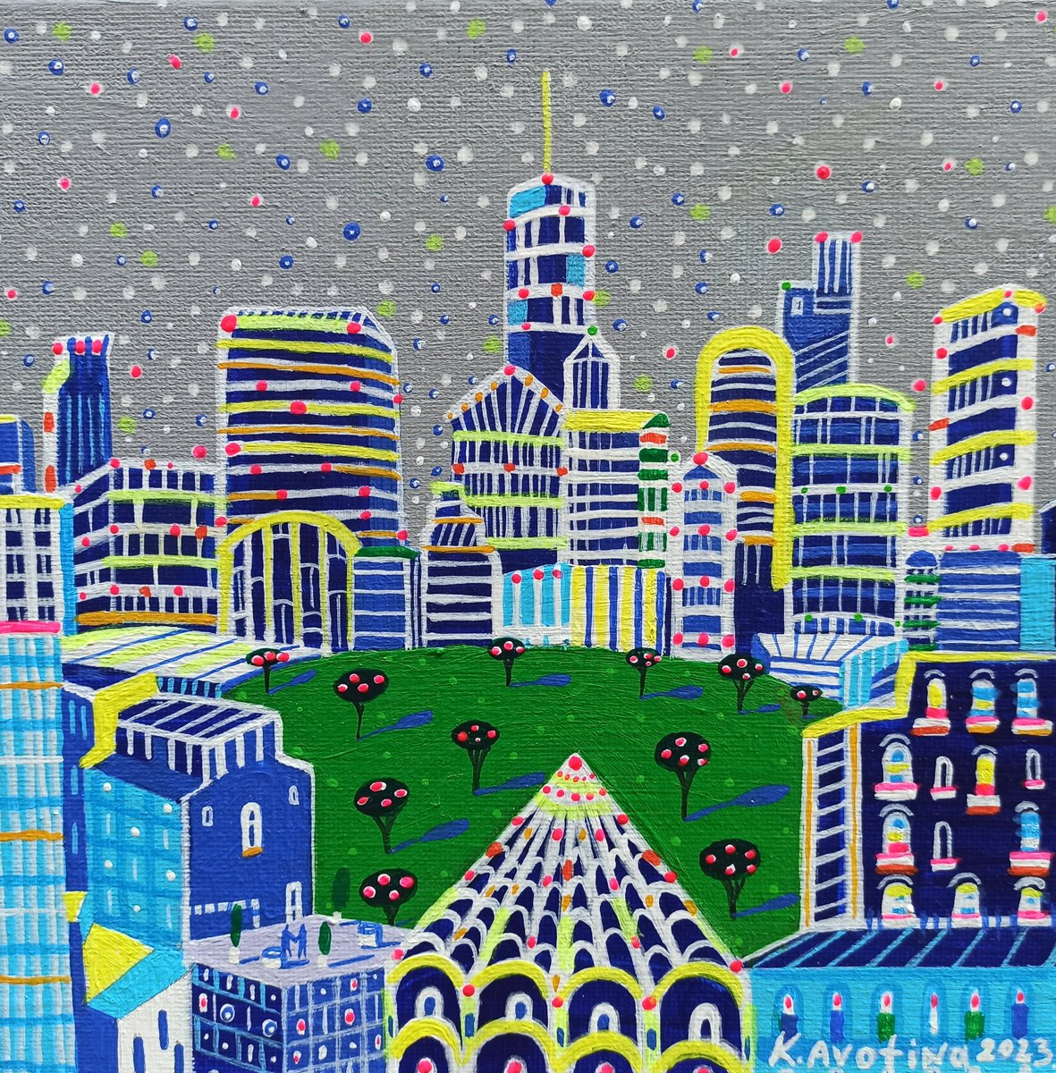 Impressionistic Cityscapes Acrylic Painting By Katrina Avotina, 8 X 8", After The Rain, Original Artwork