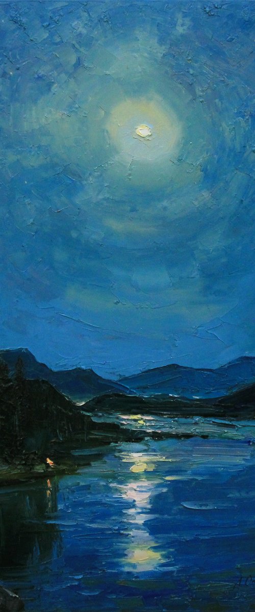 Full moon in blue sky over river by Alisa Onipchenko-Cherniakovska