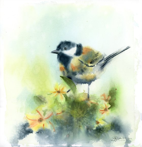 Great tit with flowers