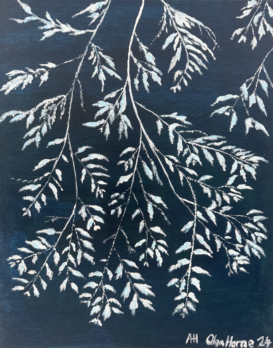 Abstract Botanical Acrylic Painting By Alan Horne Art Originals, 16 X 20, Blue Fern, Original Artwork