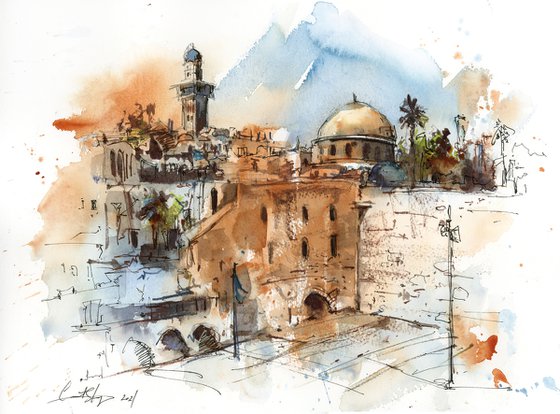 Jerusalem, Wailing Wall - Architecture Sketch Mixed Media