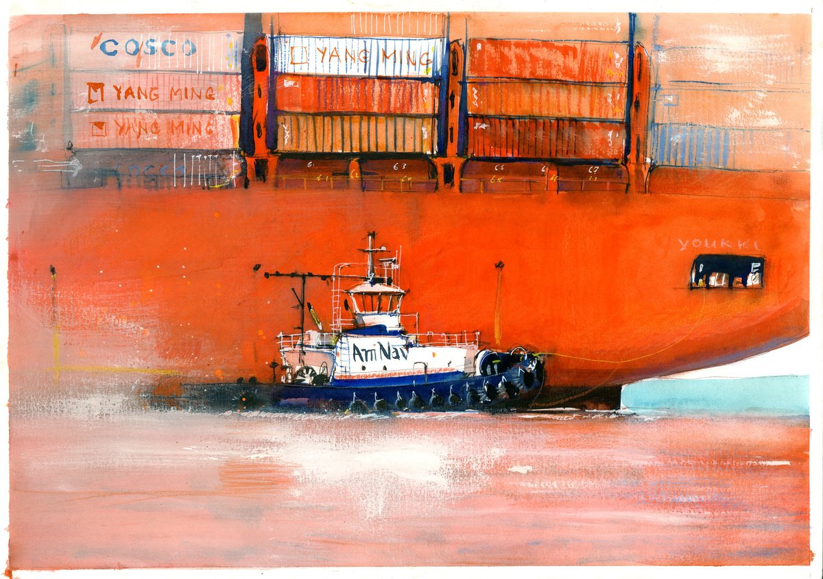 Impressionistic Landscape Watercolour By Anastasia Mamoshina, 17 X 12, Giant And The Tugboat, Original Artwork