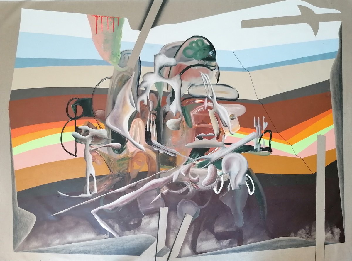 Surrealistic Abstract Oil Painting By Stefano Mazzolini, 79 X 59", Formy, Original Artwork