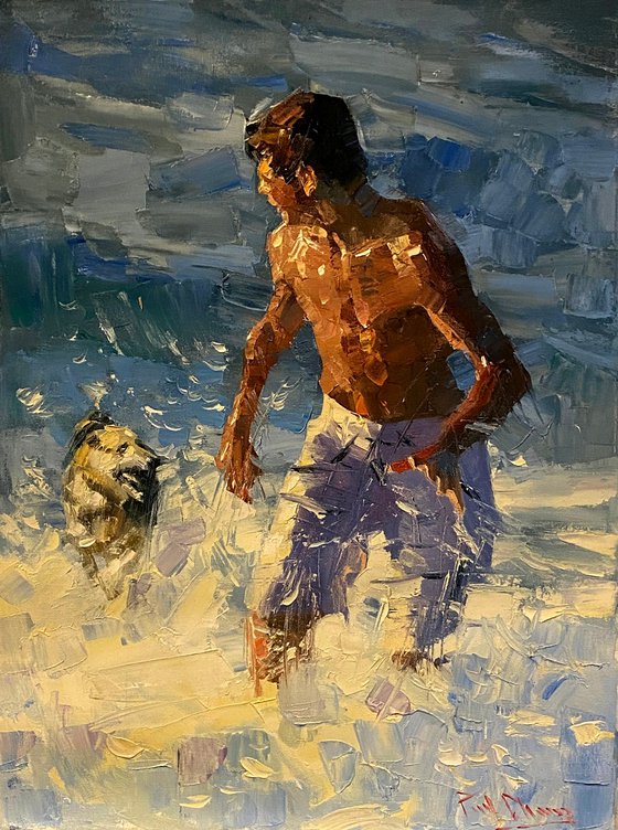 Beach Boy and Dog In Sunset