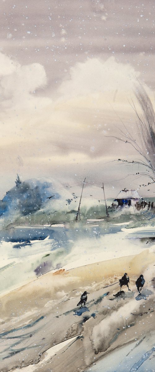 Watercolor "First snowflakes” by Iulia Carchelan