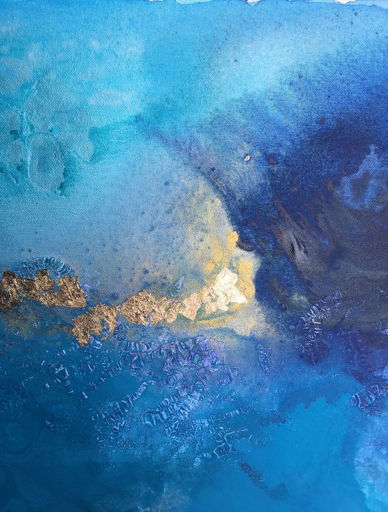 "Lost frequencies2" abstract seascape atmospheric blue turquoise with gold leaf