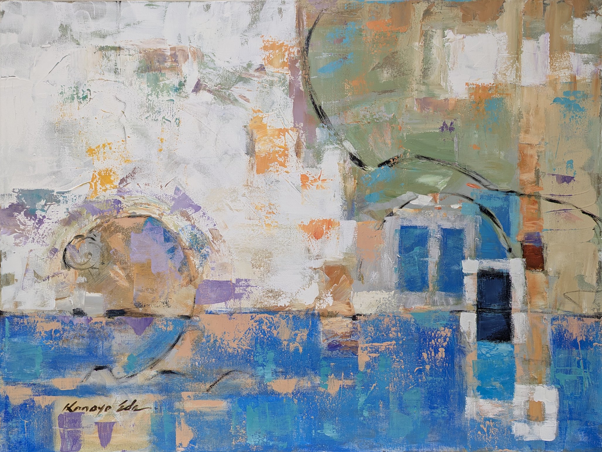 Impressionistic Abstract Acrylic Painting By Kanayo Ede, 40 X 30", Blue Window, Original Artwork