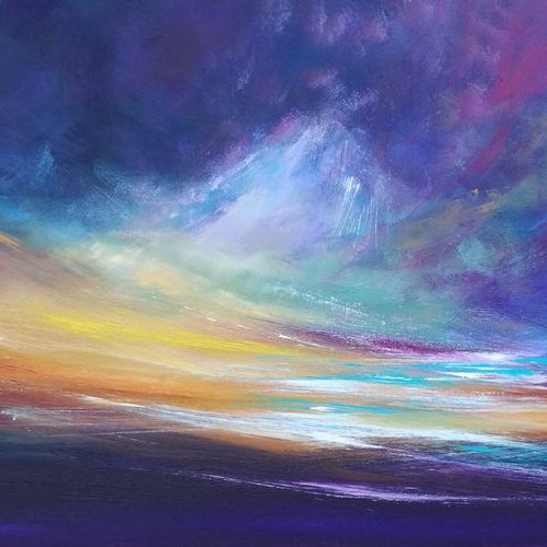 Reverie - Positive, Thoughts, Sunset, Stormy, Original Art, Seascape, Panoramic by Mel Graham