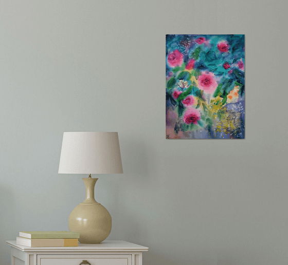 Roses Watercolor Painting, Abstract Wall Art, Pink Flowers Original Artwork