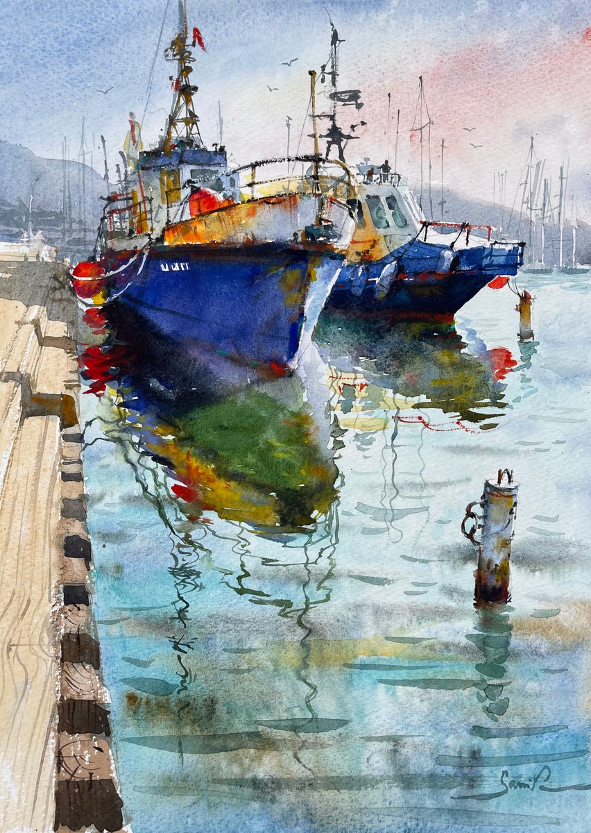 Ship in port, Watercolor painting by Samira Yanushkova