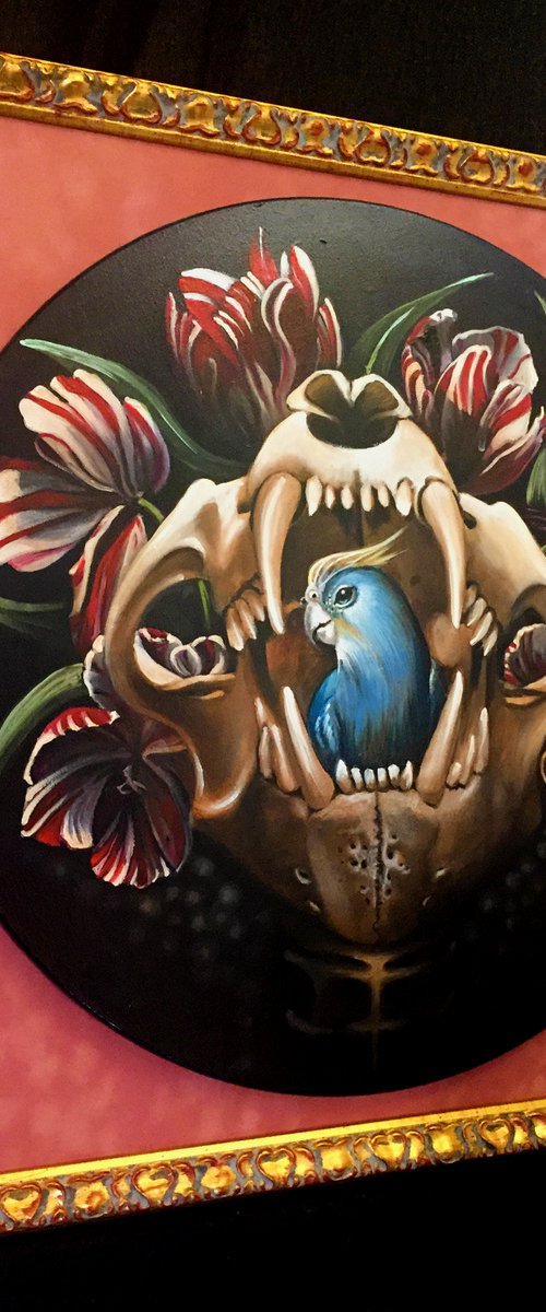 The nest 3 - original oil on canvas framed - round canvas 40 cm 16 inches / framed 48 x 48 cm / 19 x 19 inches by Valentina Toma' aka Zoe Chigi