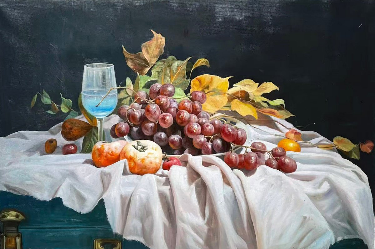 Photorealistic Still Life Oil Painting By Kunlong Wang, 35 X 24", Still Life C247, Original Artwork