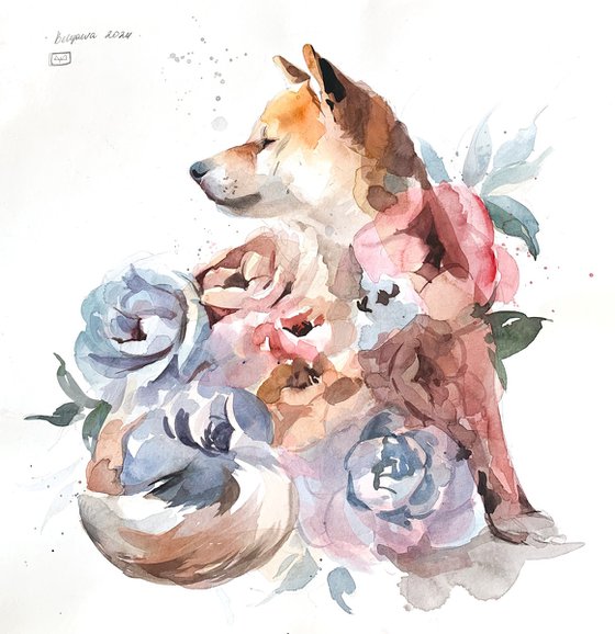 Shiba Inu dog in flowers