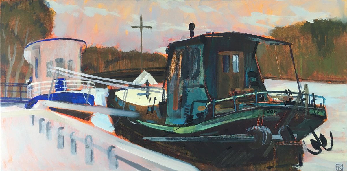 Impressionistic Landscape Painting By Olga Kataeva-Rochford, 31 X 16", Barges In Paris, Original Artwork