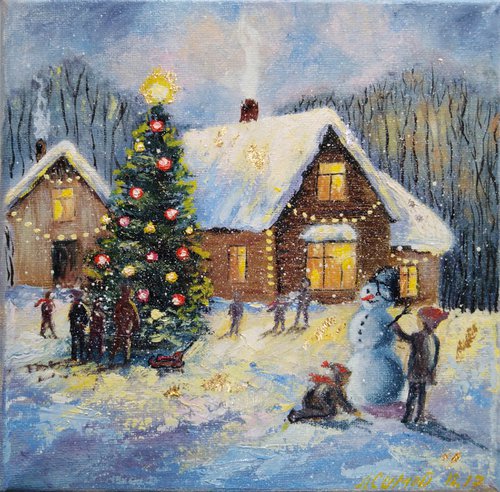 Children play near the Christmas tree. by Liubov Samoilova