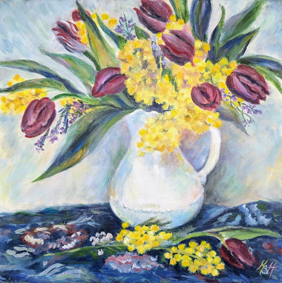 Impressionistic Botanical Oil Painting By Katia Boitsova, 16 X 16", Tulips And Mimosa, Original Artwork