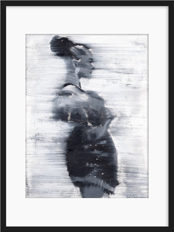 Yling | Black and white oil painting on paper | fashion muse model woman lady