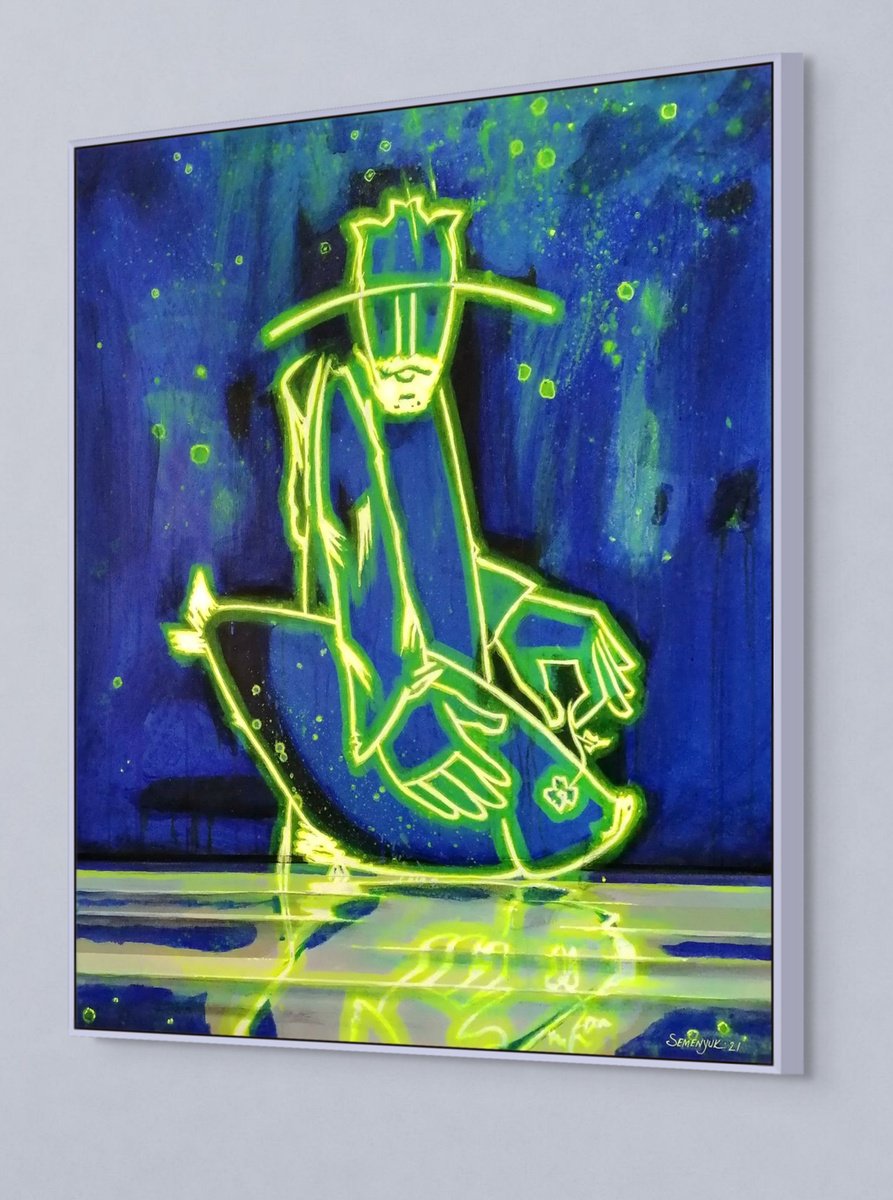 Original Acrylic Painting - Catcher of the Neon Fish by Evgen Semenyuk
