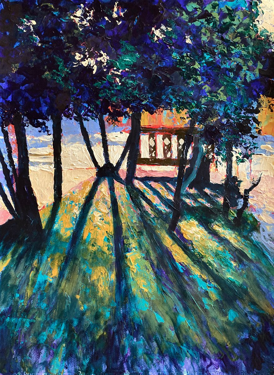 Impressionistic Landscape Acrylic Painting By John Cottee, 22 X 30, Garden Shadows, Original Artwork
