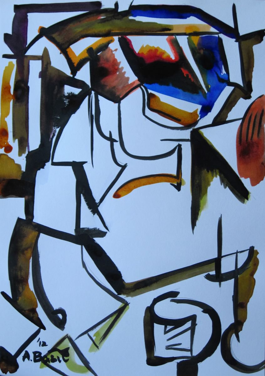 Geometric Portrait Ink Drawing By Aleksandar Basic, 12 X 17, Londoner 5, Original Artwork