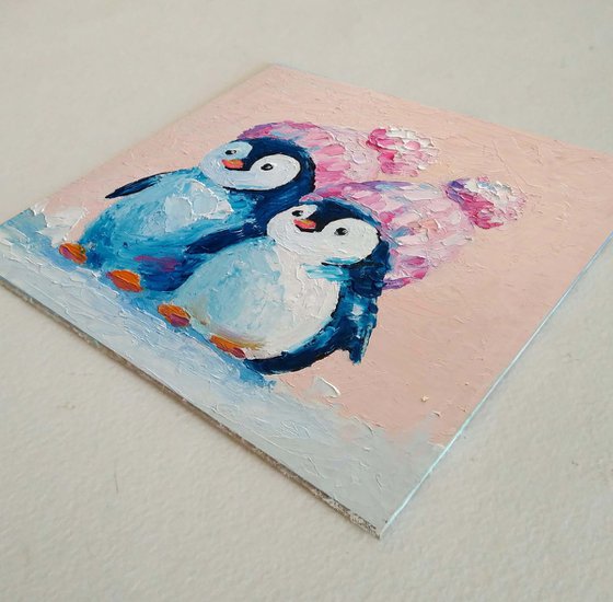 Couple Cute Penguins Oil Painting Bird Wall Art Small Artwork