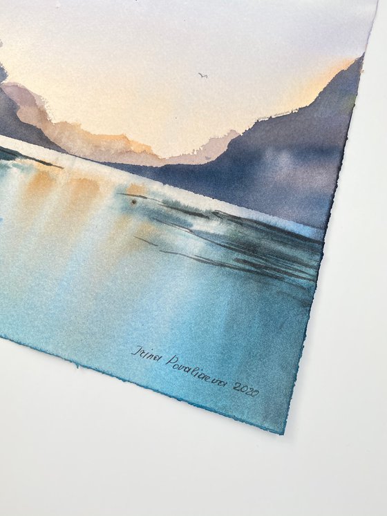 Sunset on the rocky shore original watercolor artwork, blue colors, cold water, medium size decor for  loft interior