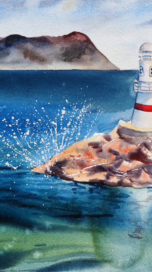 Lighthouse and Greek island view - original watercolor by Delnara El