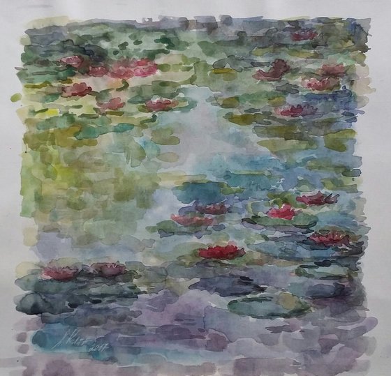 Water Lilies. Original watercolour painting.