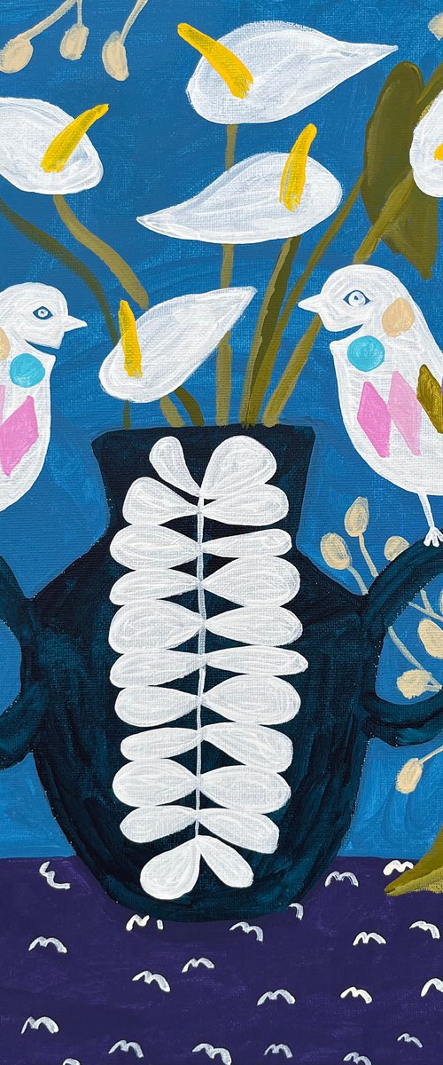 Flowers in a vase on tablecloth with birds by LENKA STASTNA