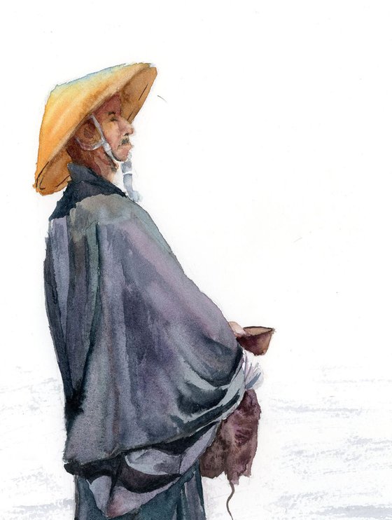 Japanese Monk Original Watercolor Painting