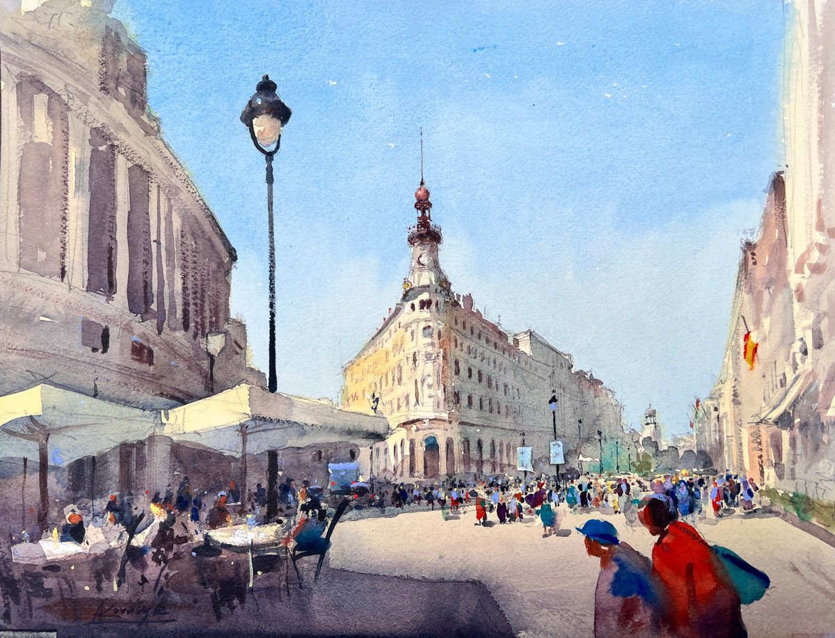 Impressionistic Cityscapes Watercolour By Andrii Kovalyk, 16 X 12, Sunny Day In Madrid, Original Artwork