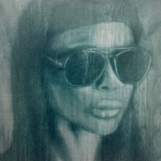 statement artpiece of strong looking fierce beautiful women with sunglasses in dark grey brown blue colors. Oil painted in splatters on canvas