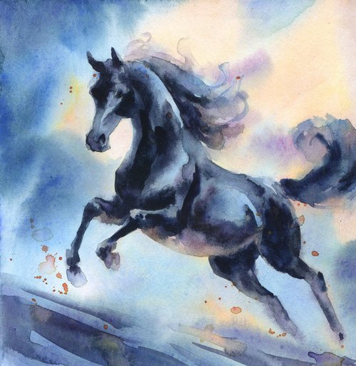 Black horse, small watercolor by Yulia Evsyukova