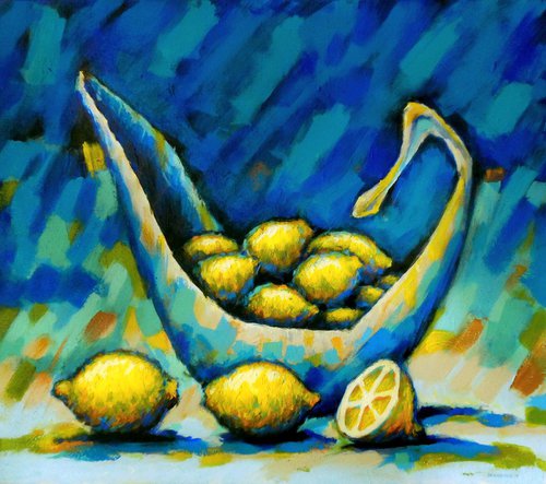 Lemons on Blue Background by Evgen Semenyuk