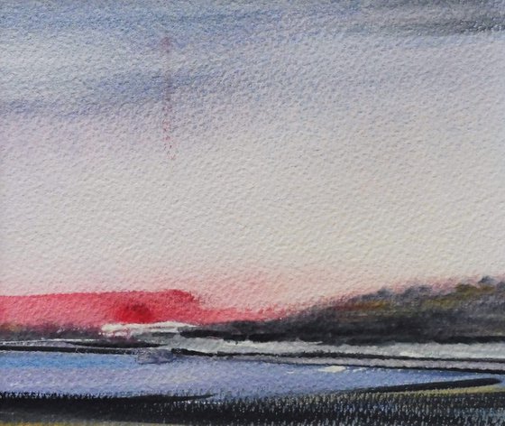 SETTING SUN BORTHWEN ANGLESEY. Small Original Watercolour Seascape Painting.